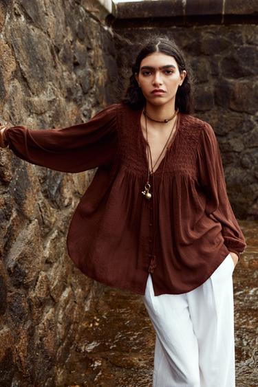 GATHERED FLOWING BLOUSE - Brown by Zara
