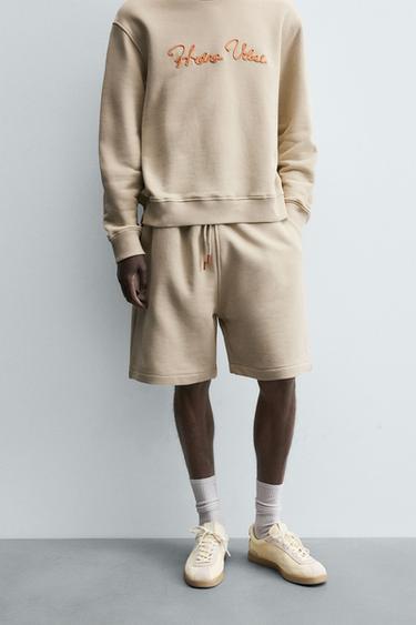 Zara RELAXED FIT JOGGER SHORTS - Ecru
