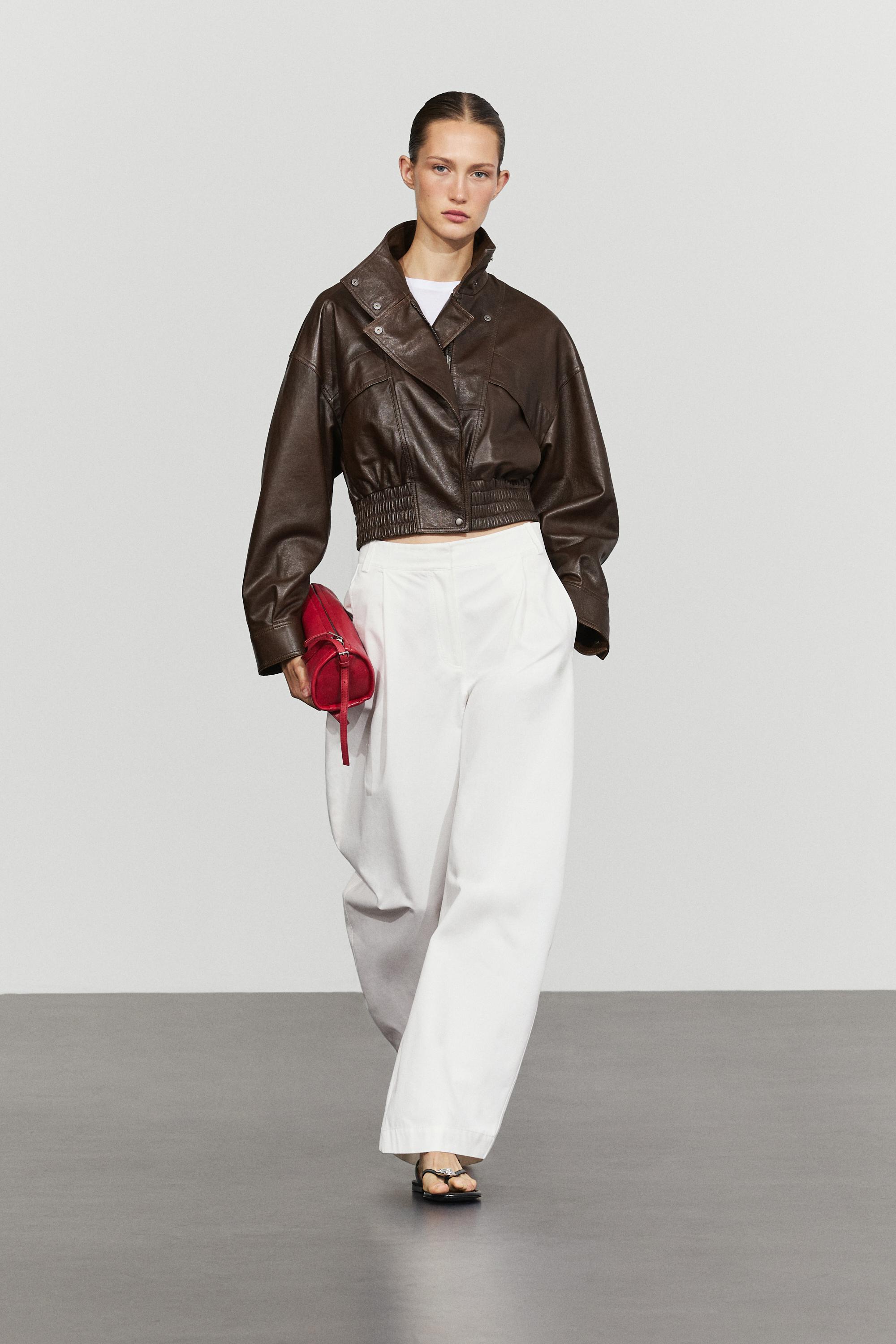 Cropped nappa leather bomber jacket — Brown