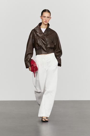 Zara Cropped nappa leather bomber jacket - Brown - Image 0