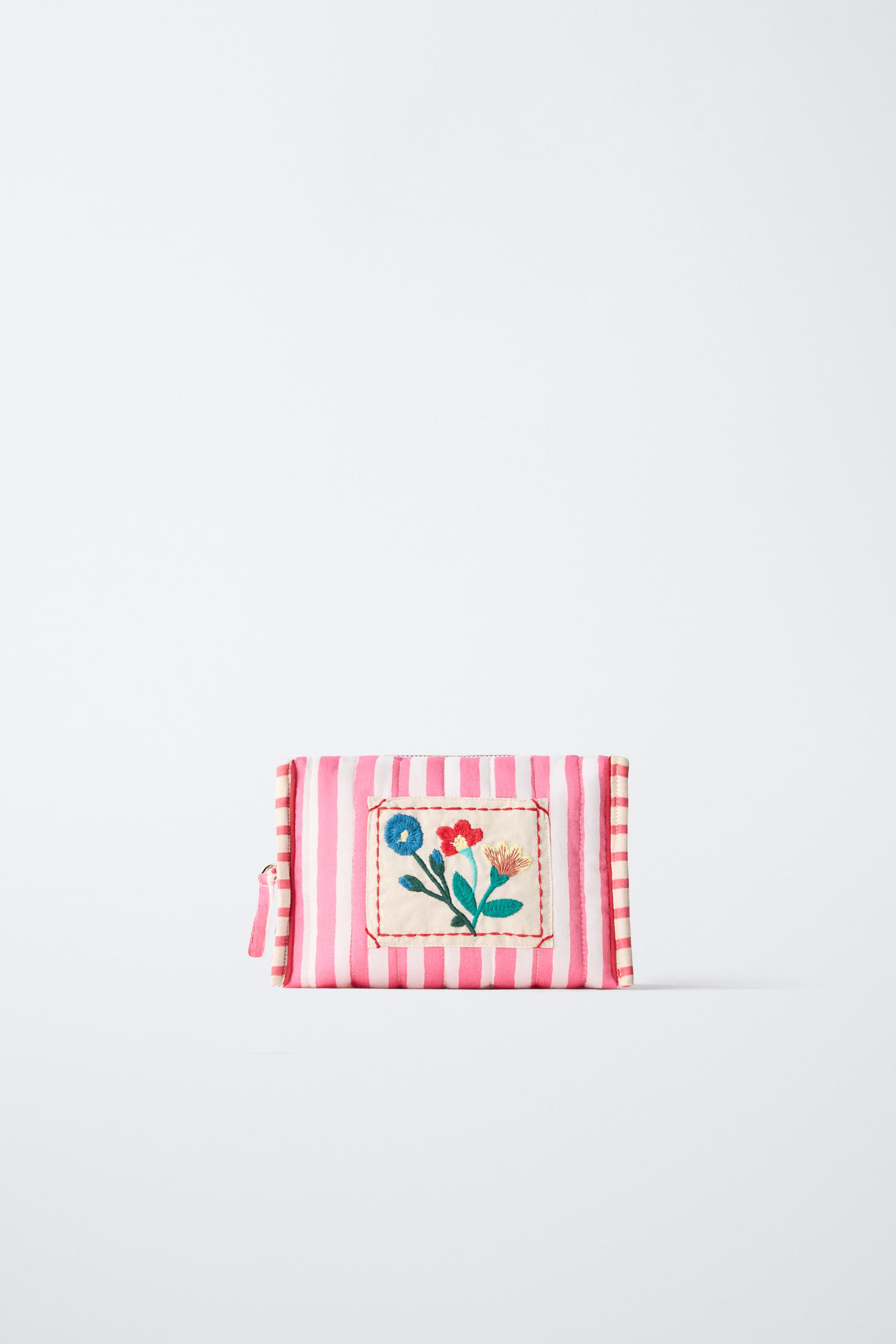 EMBROIDERED STRIPED TOILETRY BAG — Pink