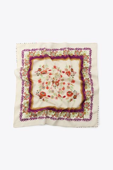 Zara BEADED PRINTED SCARF - Ecru