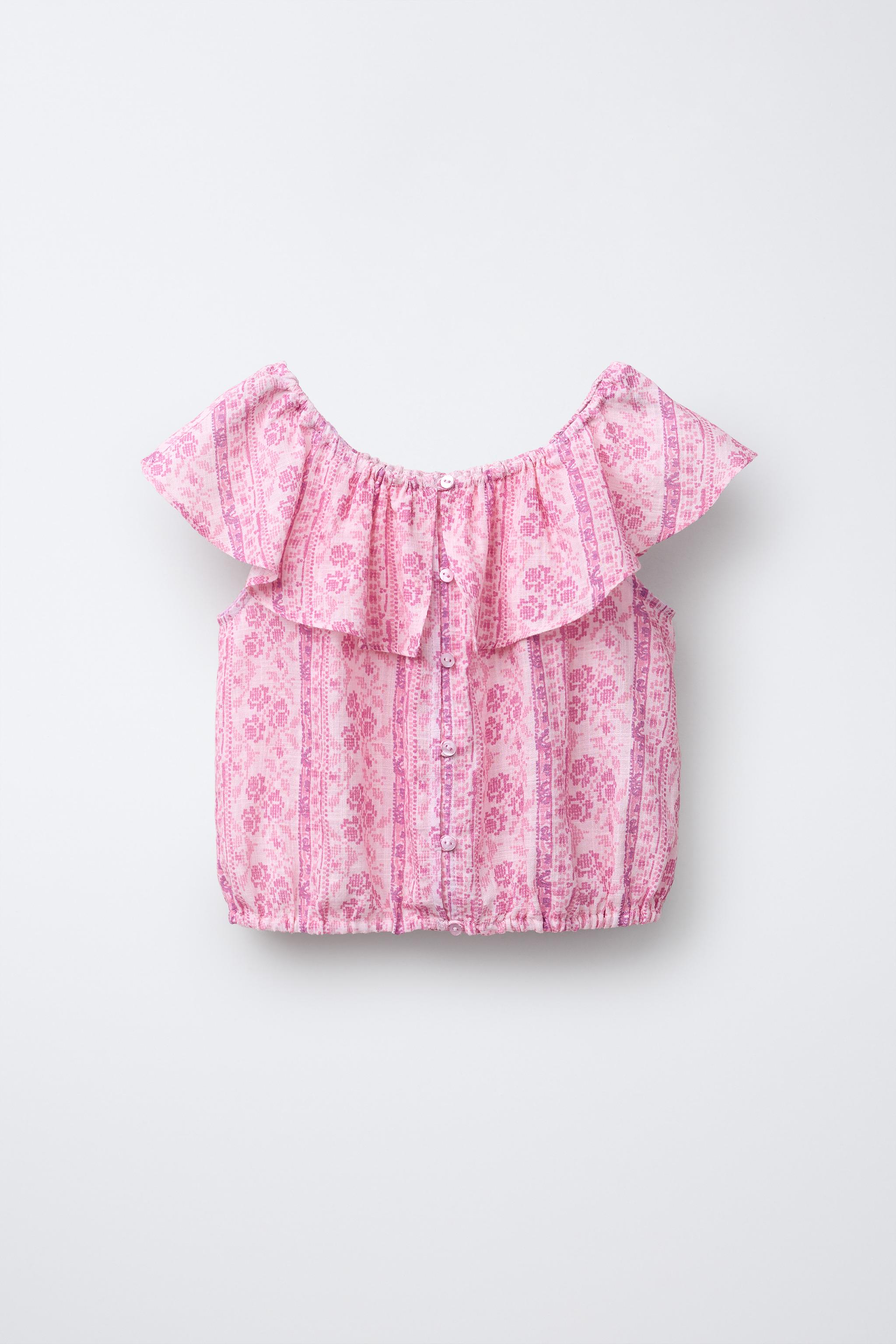 TOP COM FLORES E BABADO - Rosa / Malva | ZARA Brasil