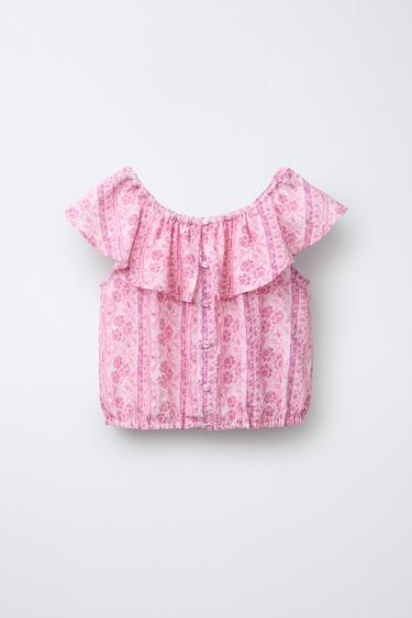 TOP WITH FLOWERS AND RUFFLES - Pink / Mauve by Zara - Image 0