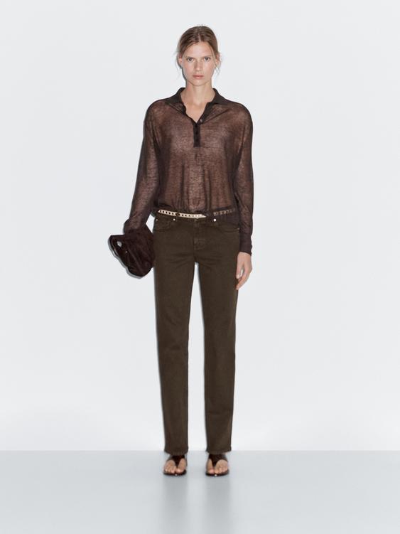 Straight-leg mid-waist denim-effect trousers