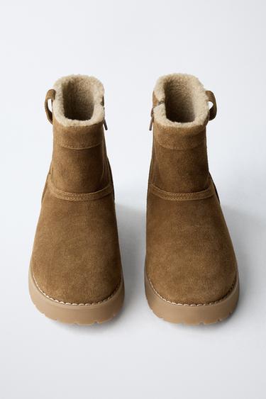LEATHER ANKLE BOOTS WITH FAUX SHEARLING - Brown by Zara - Image 3