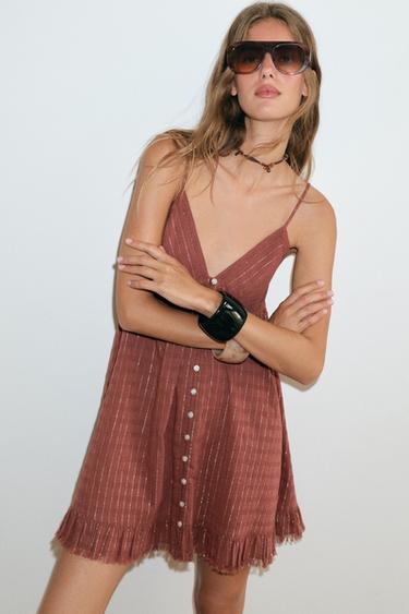 فستان قصير مخطط بخيط معدني - dark russet by Zara