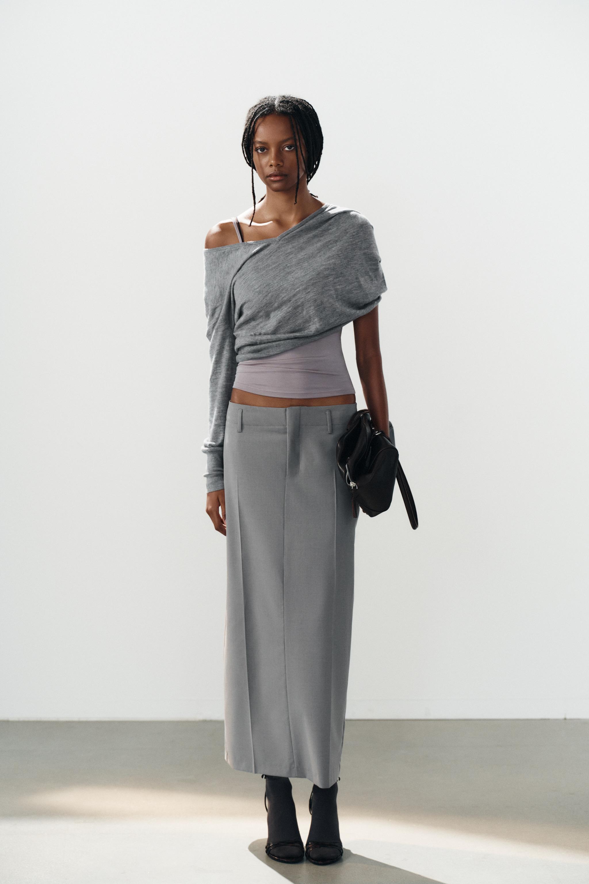 MIDI SKIRT WITH BELT LOOPS — Light gray