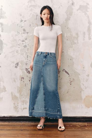 Zara Z1975 拼接中長版牛仔半身裙 - 中藍色
