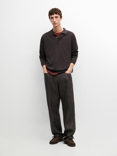 Zara Linen polo collar knit sweater - Dark bottle green