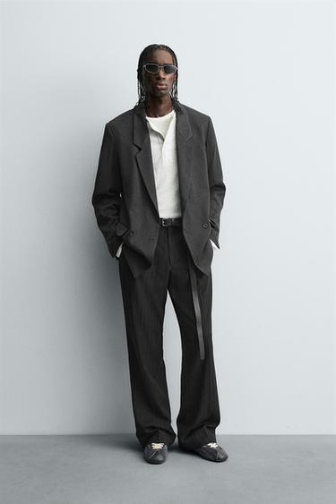 Zara STRIPED DOUBLE BREASTED BLAZER - Gray - Image 0