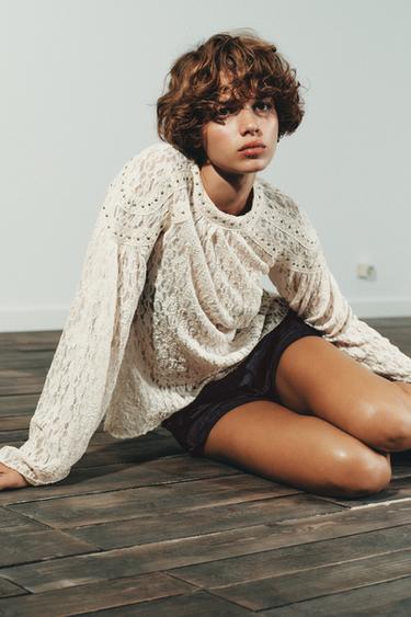 STUDDED LACE TOP - Ecru by Zara - Image 3
