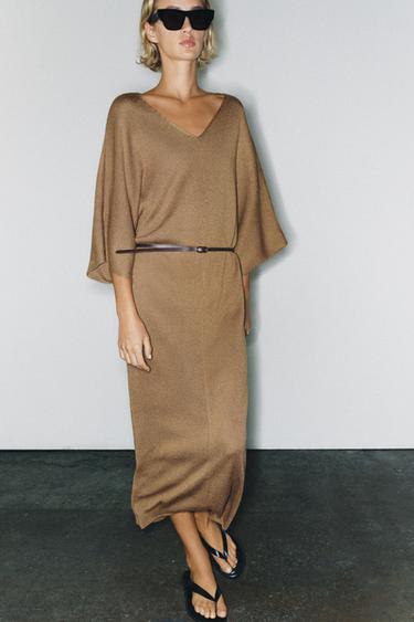 brown sweater dress zara Off The Shoulder Mini KNIT MIDI DRESS WITH BELT in Brown KNIT MINI DRESS - Brown