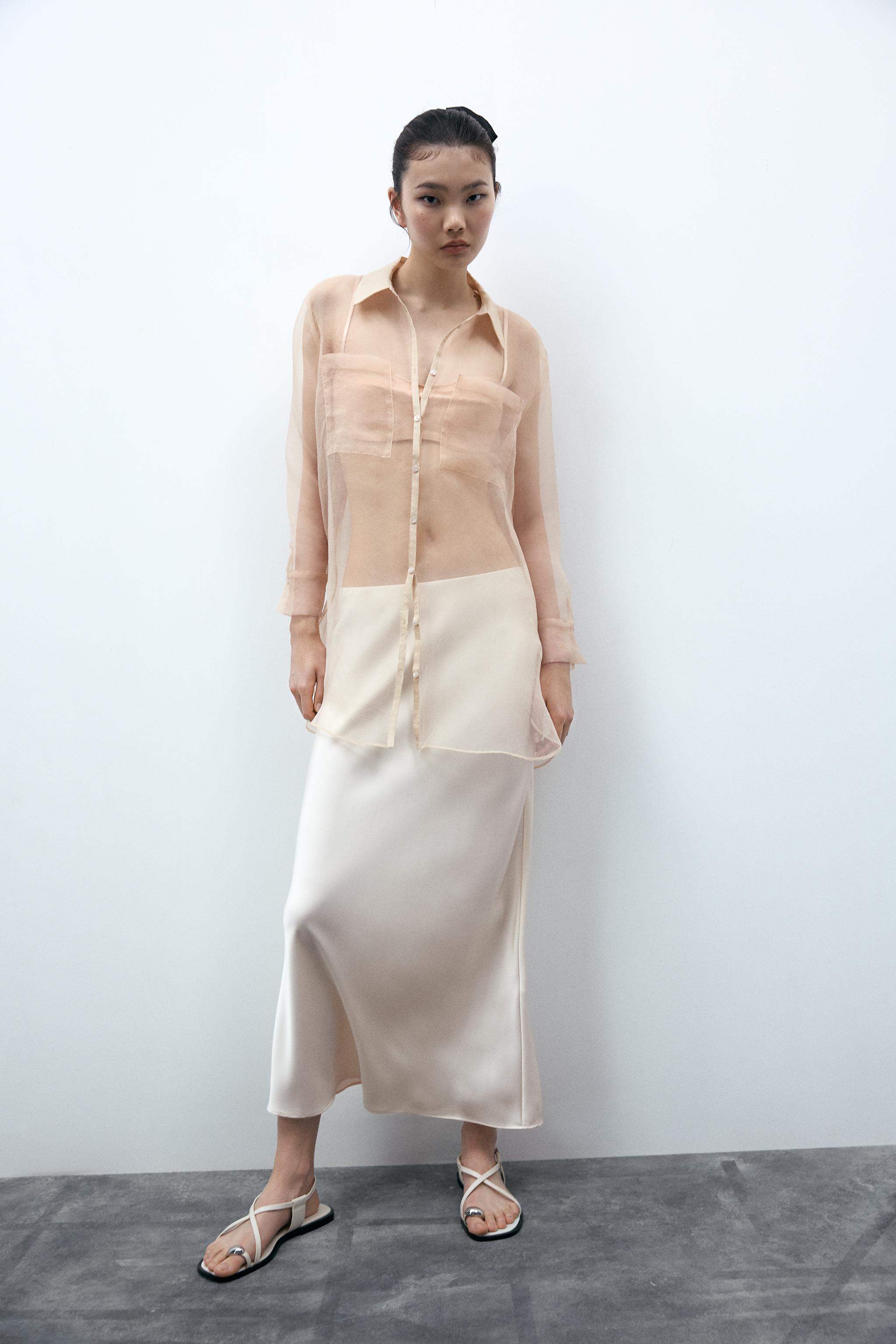 SATIN MIDI SKIRT - Ecru | ZARA Cambodia