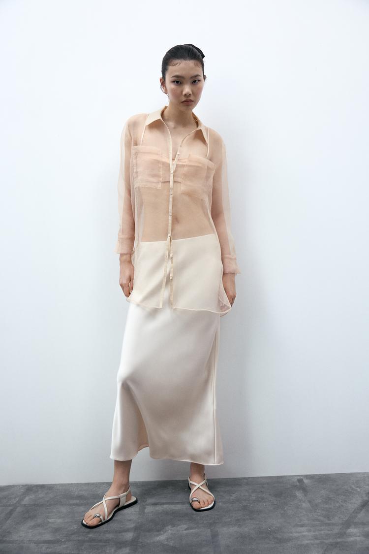 SATIN MIDI SKIRT Ecru ZARA Singapore - Main Image