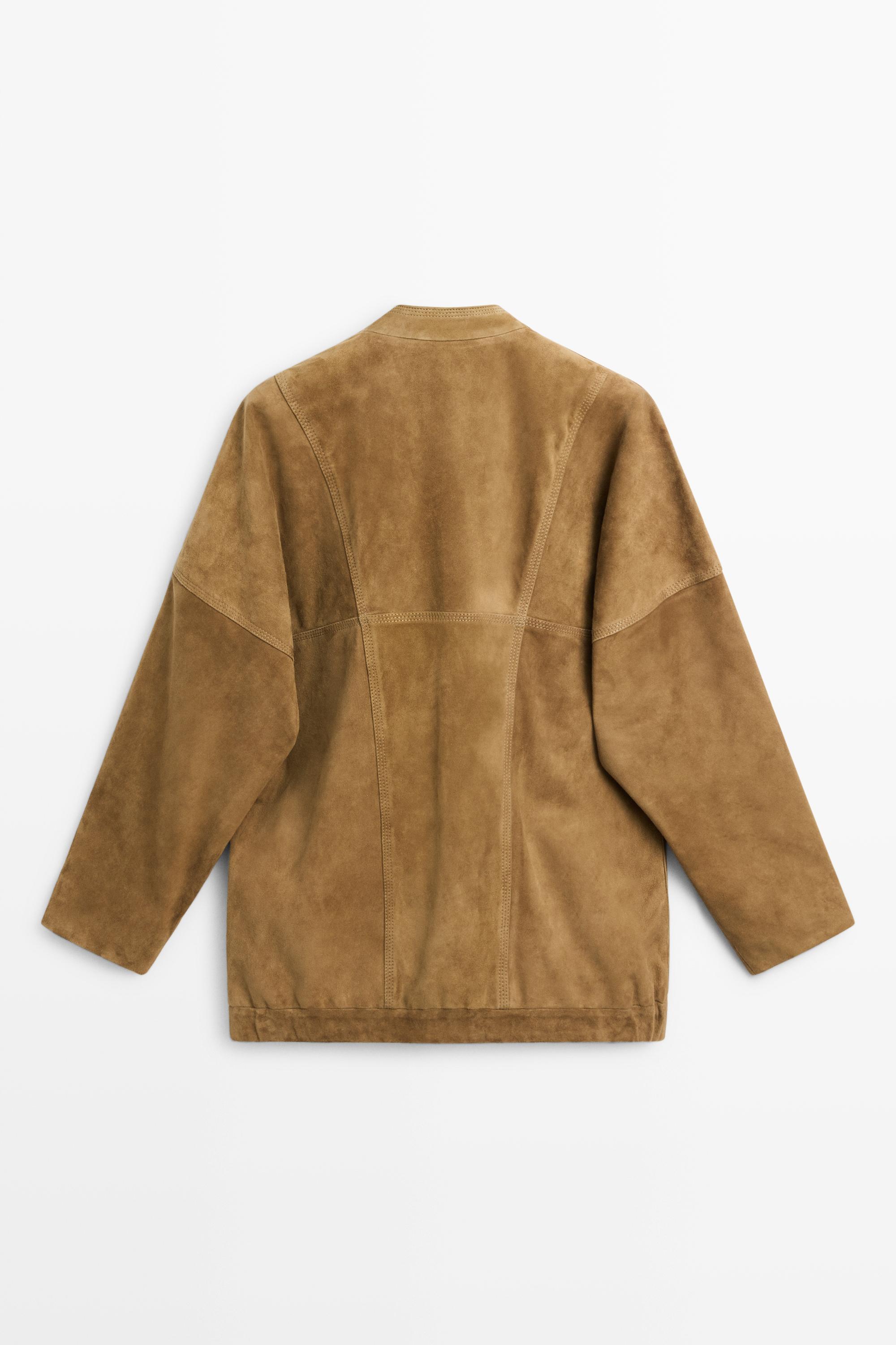Blouson capri en cuir finition daim, fermeture asymétrique
