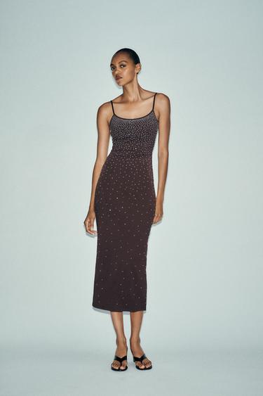 Zara STRASS POLYAMIDE DRESS - Brown - Image 0