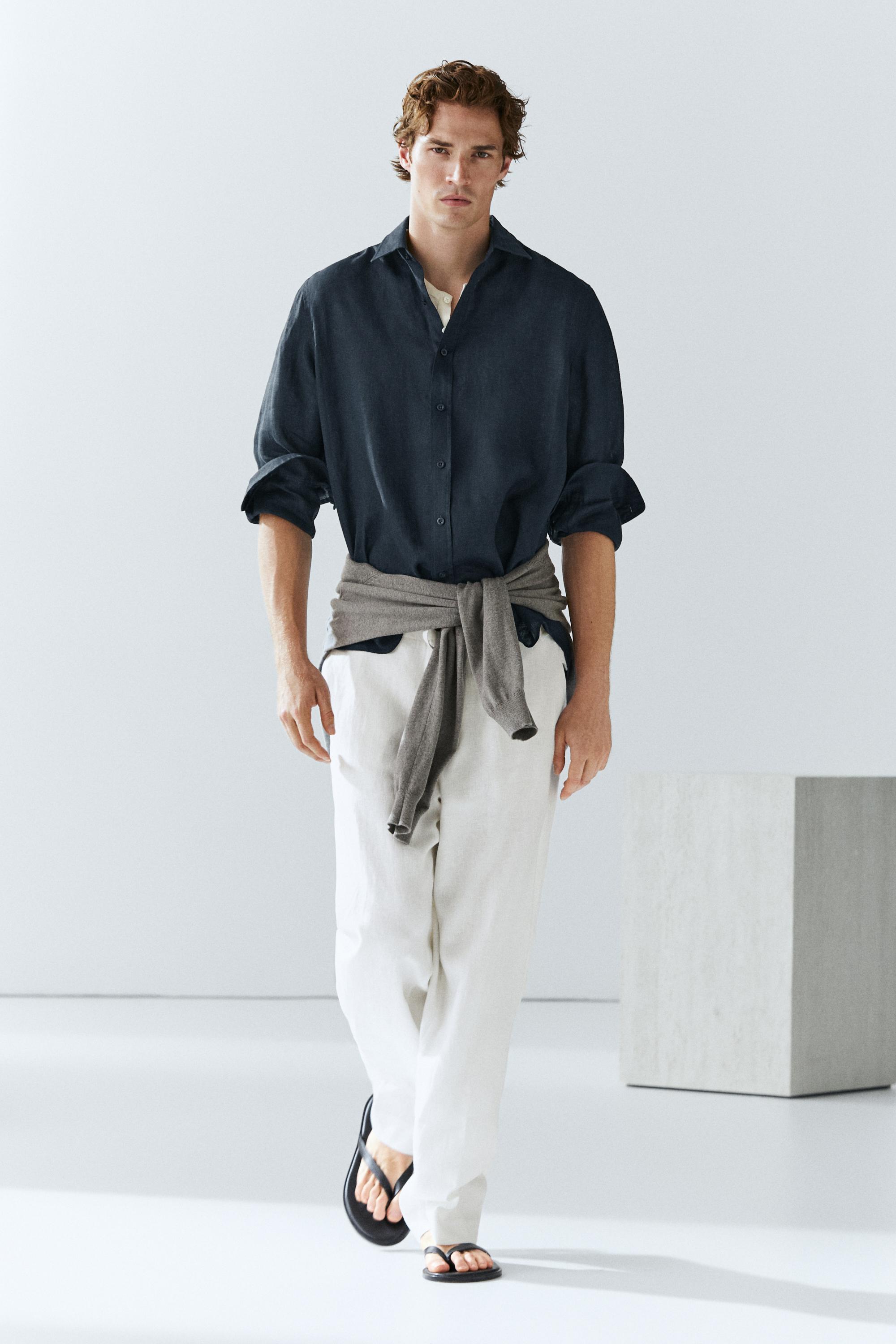 Slim fit 100% linen shirt — Navy blue