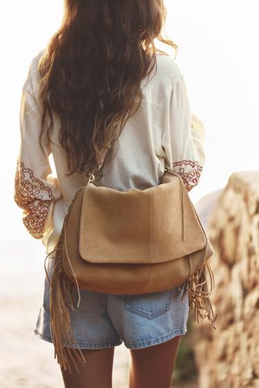 SPLIT SUEDE CROSSBODY BAG WITH FRINGING - SAND/BROWN by Zara - Image 0