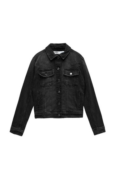 Black denim jacket with front buttons and chest pockets. Visible label on the neck with text "ZARA". White background.