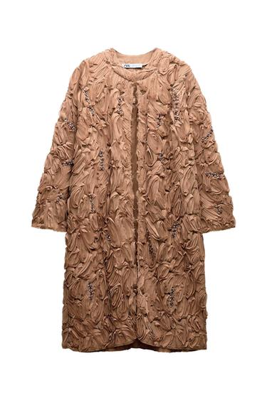 TEXTURED COAT WITH FAUX PEARLS AND BEADS