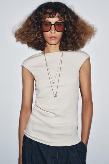 Zara RIBBED DRAPED TOP - Ecru