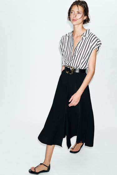 Zara COMBINED STRIPED BELTED MIDI DRESS - Ecru / Black