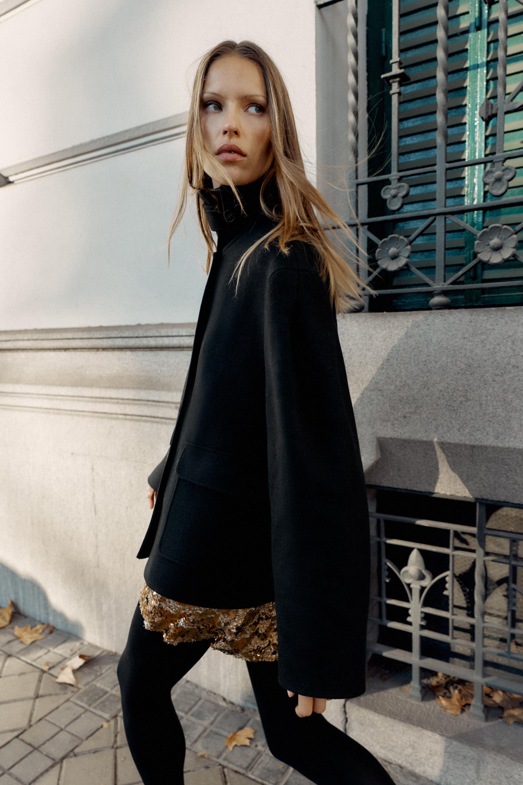 ウール混ショートコート ハイネック - ブラック | ZARA Japan / 日本