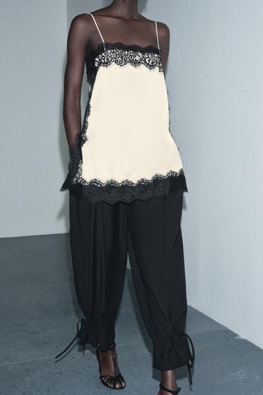 Zara SATENSKI TOP SA ČIPKOM ZW COLLECTION – crna / bela