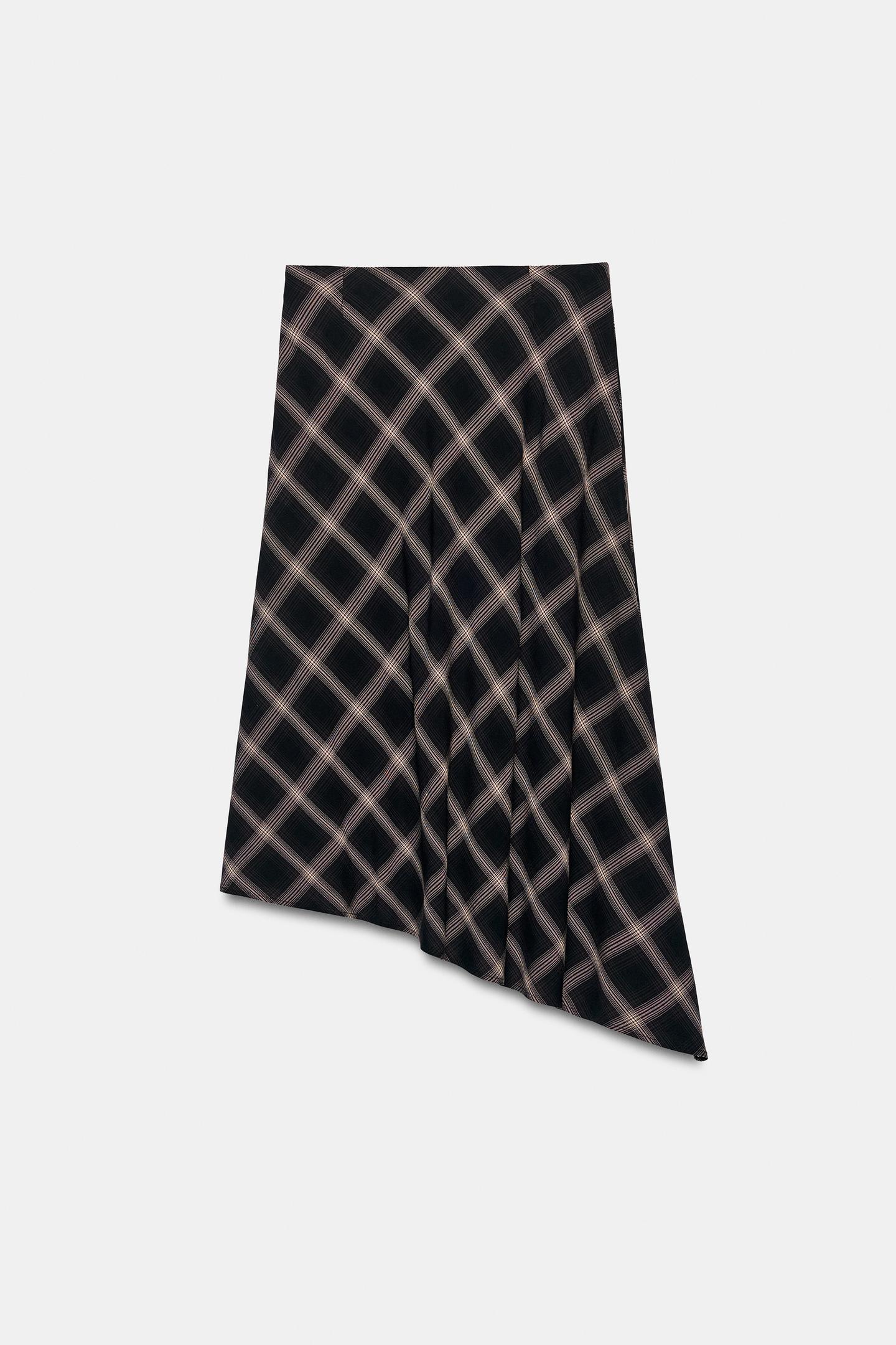 Женская юбка Zara Asymmetric Check with Slit, цвет: Чёрный / Коричневый — фото 8