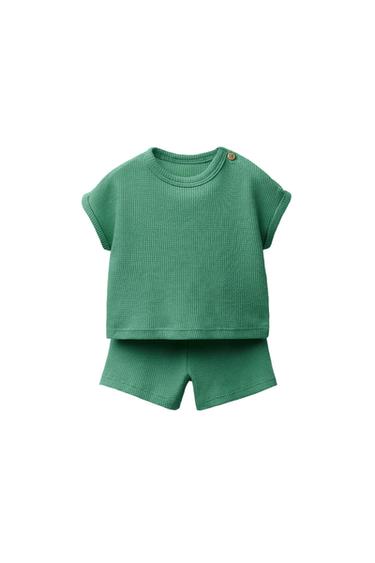 PLAIN WAFFLE-KNIT T-SHIRT AND BERMUDA SHORTS SET - Green by Zara