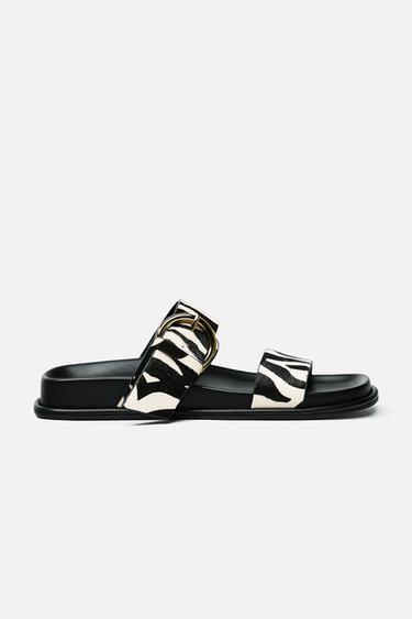 ANIMAL PRINT LEATHER FLAT SANDALS - Zebra by Zara