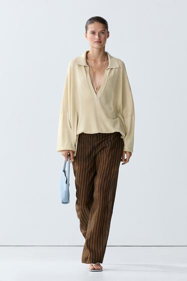 Total look flowing striped pants with button hem — Dark khaki 2