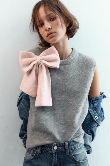 Zara KNIT VEST SWEATER WITH BOW - Gray
