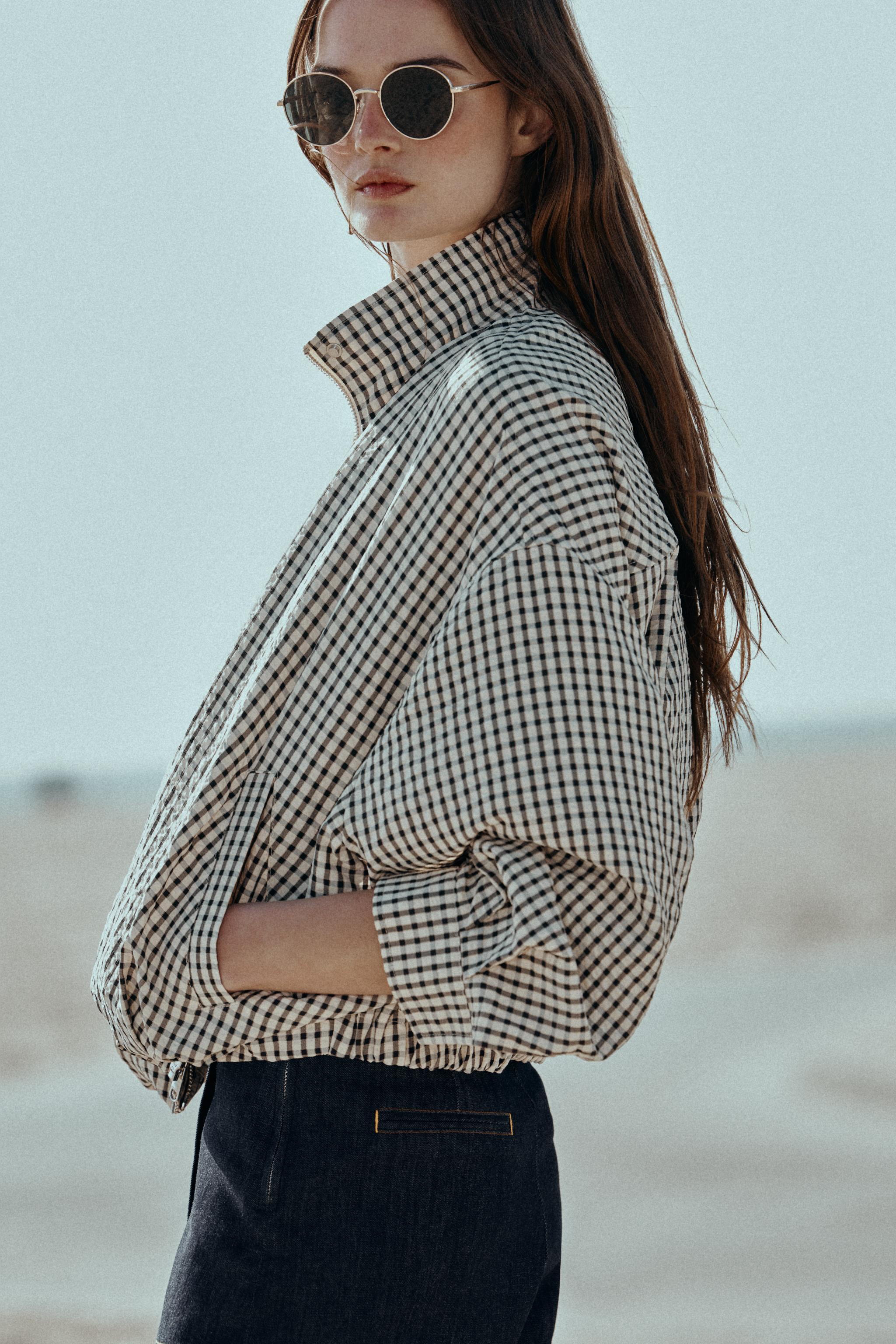 チェック柄ボンバージャケット - ブラック/エクリュ | ZARA Japan / 日本