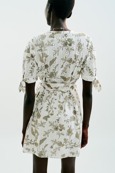 PRINTED MINI DRESS WITH CUTWORK EMBROIDERY - ecru/khaki by Zara - Image 3