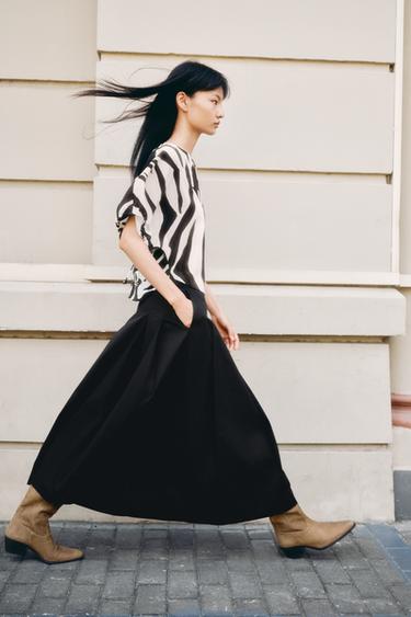 Zara 打褶及膝裙 - 黑色