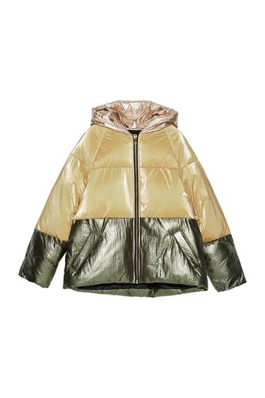 Front view of a two-tone padded jacket with a hood and zip fastening.