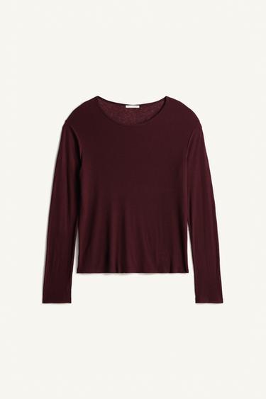Zaras T-SHIRT MED LÖS PASSFORM I LYOCELL- OCH ULLBLLANDNING - GRANATRÖD