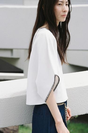 Zara 撞色刺繡針織上衣 - 白色