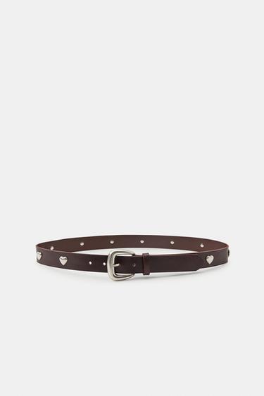 100% LEATHER HEART STUD BELT - Brown by Zara