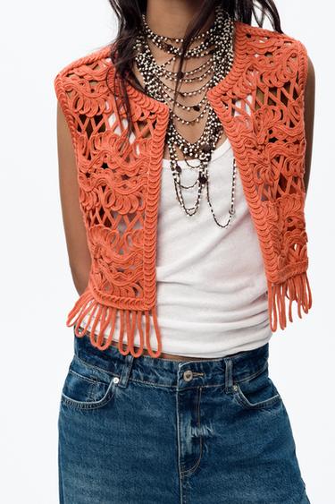KNIT VEST WITH FRINGING - Orange by Zara - Image 2