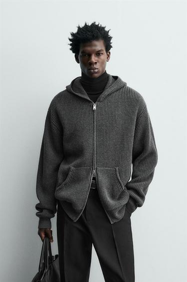 Zara COTTON - WOOL PURL KNIT HOODIE CARDIGAN - Gray marl