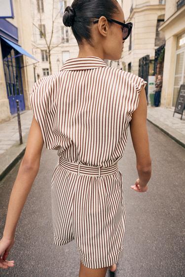 COMBINAISON COURTE À RAYURES ET CEINTURE - Marron de Zara - Image 3