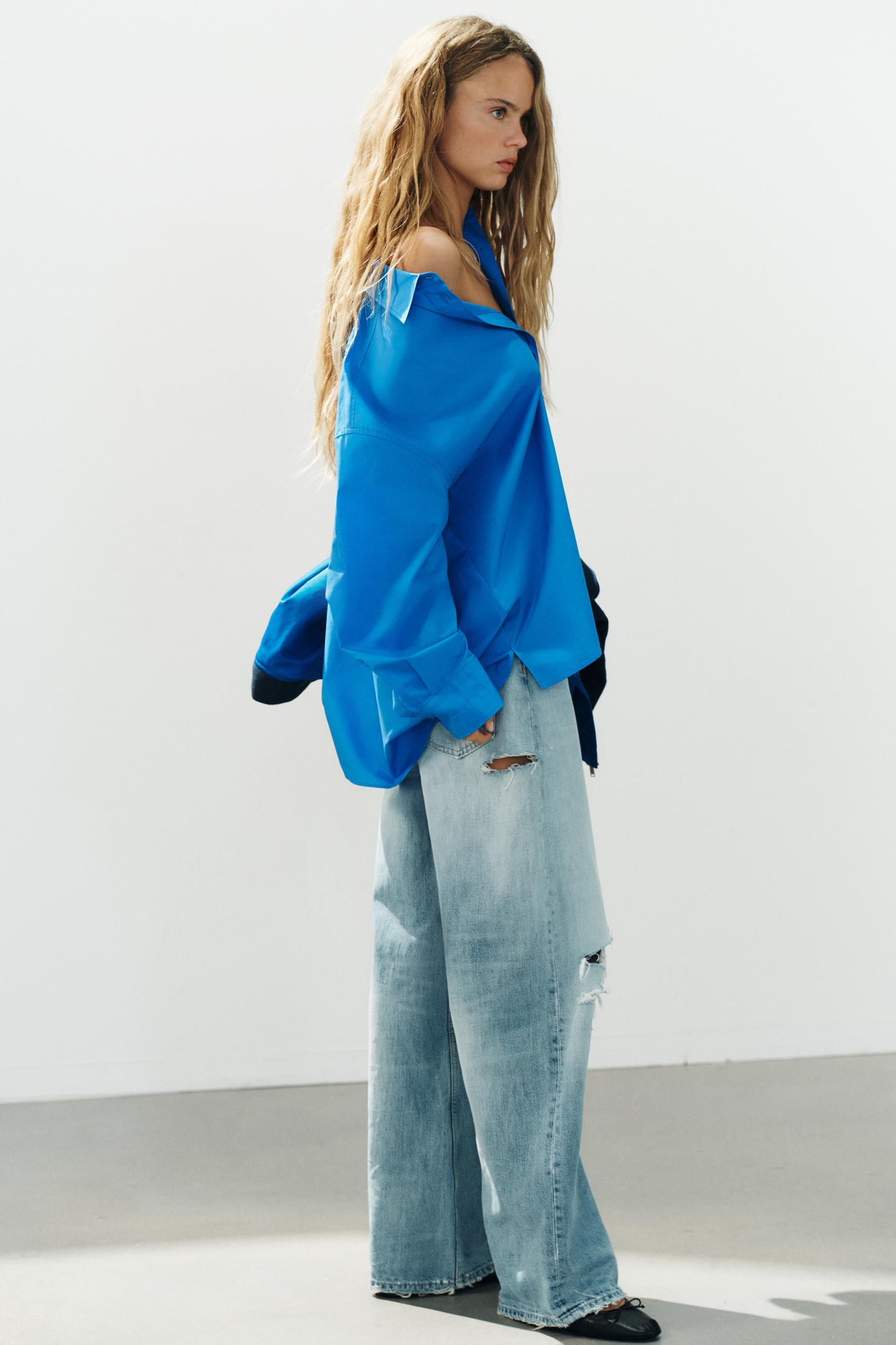 Женская рубашка Zara Oversized Poplin, цвет: Синий — фото 4
