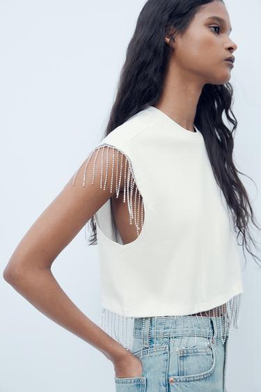 CAMISETA CROP BRILLOS - Blanco de Zara