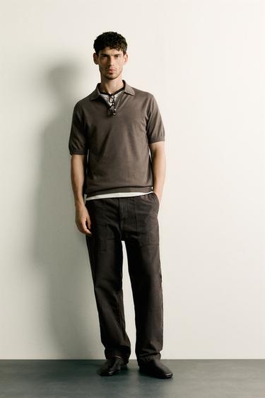 REGULAR FIT KNIT ZIP POLO SHIRT - Taupe grey by Zara