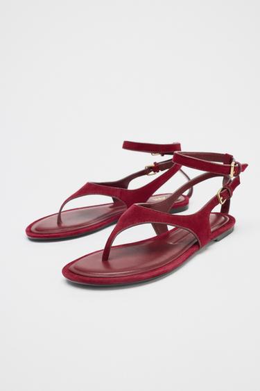 SANDALES PLATES  ENTREDOIGT EN DAIM - Rouge de Zara - Image 2