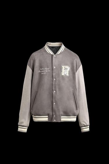 Zara FAUX SUEDE BOMBER JACKET WITH PATCHES - Gray