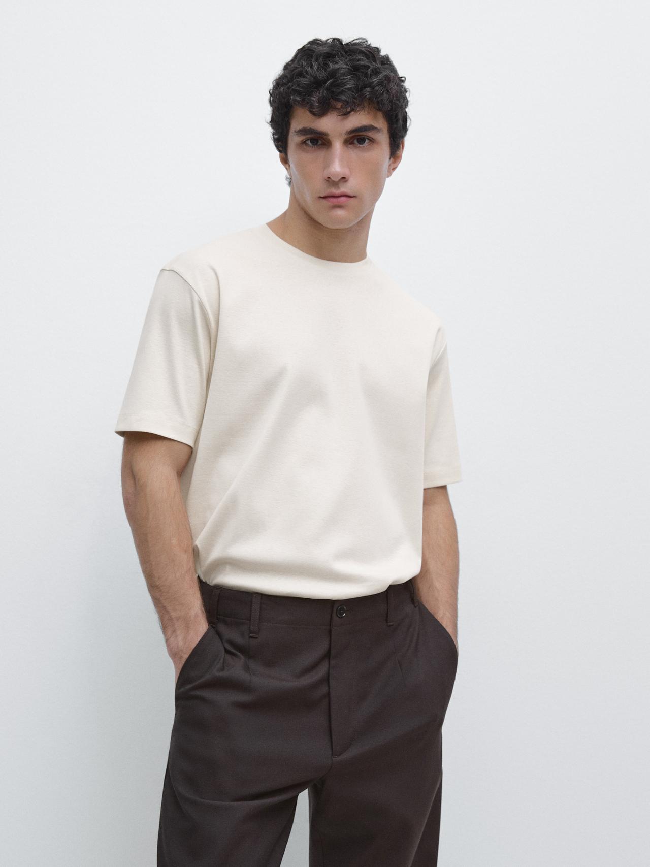 100% mercerised cotton ribbed T-shirt — Ecru